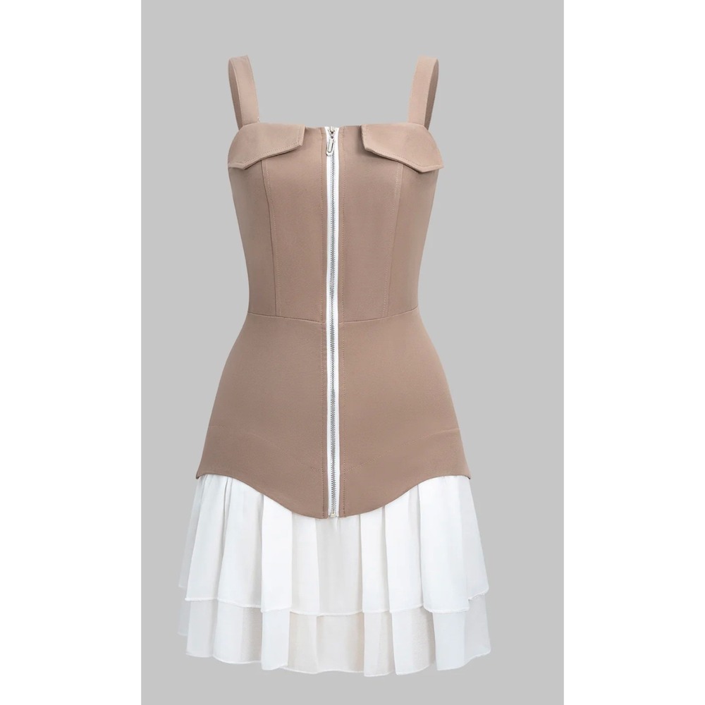 Cider Zip-Up Corset Mini Dress Women Size M Tan New‎ Pleated Hem Utility Chic